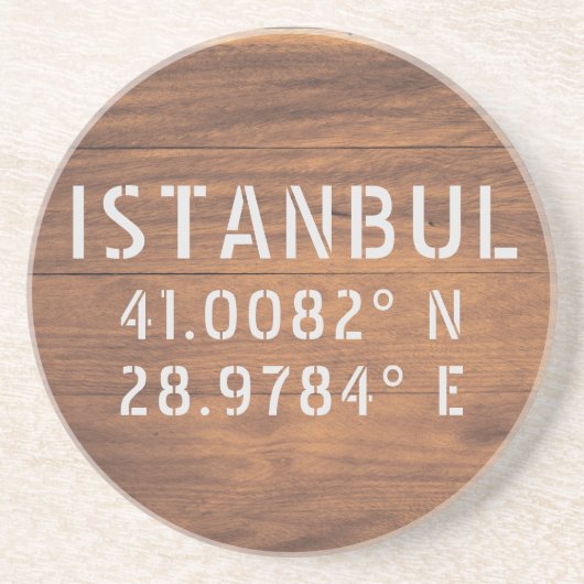 Istanbul Latitude & Longitude Dark Wood Zandsteen Onderzetter (Voorkant)