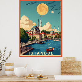 Istanbul stadsgezicht met volle maan poster