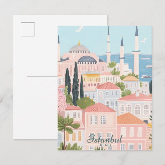 Istanbul Turkije Gouache Schilderillustratie Reize Briefkaart (Voorkant / Achterkant)
