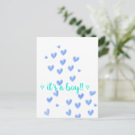 IT IS EEN BOY - Blauw & Teel waterverf harten desi Aankondigingskaart