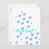 IT IS EEN BOY - Blauw & Teel waterverf harten desi Aankondigingskaart (Voorkant / Achterkant)