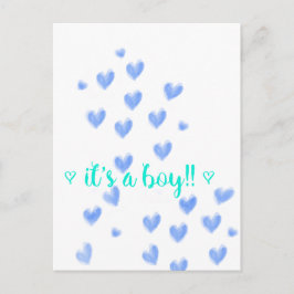 IT IS EEN BOY - Blauw & Teel waterverf harten desi Aankondigingskaart