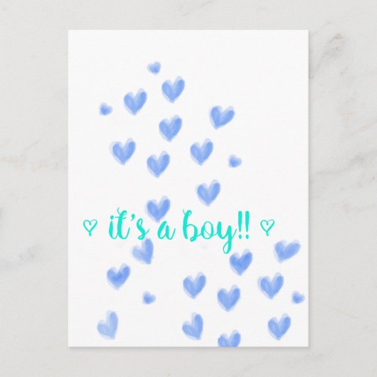 IT IS EEN BOY - Blauw & Teel waterverf harten desi Aankondigingskaart (Voorkant)