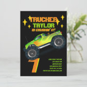 IT Monster Truck Neon Birthday Party Kinder Kaart (Staand voorkant)