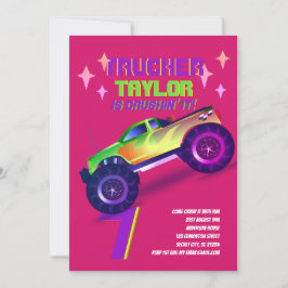 IT Monster Truck Neon Birthday Party Pink Kaart