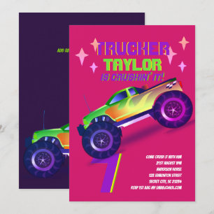 IT Monster Truck Neon Birthday Party Pink Kaart