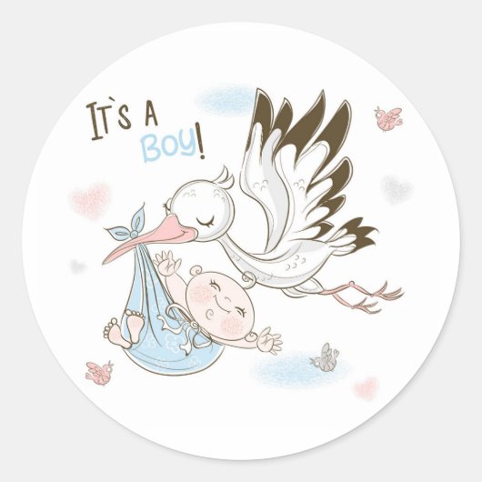 It’s a Boy Stork and Baby Ronde Sticker (Voorkant)