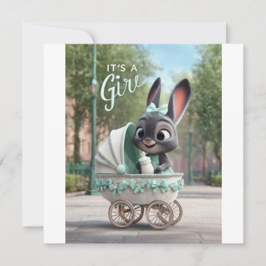 It’s a Girl Baby: Cute Bunny in Green Stroller Aankondiging (Voorkant)