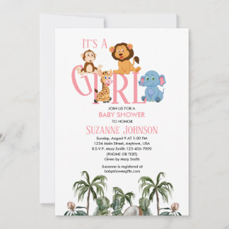 It’s A Girl-Baby Zoo Animals Invitation Kaart