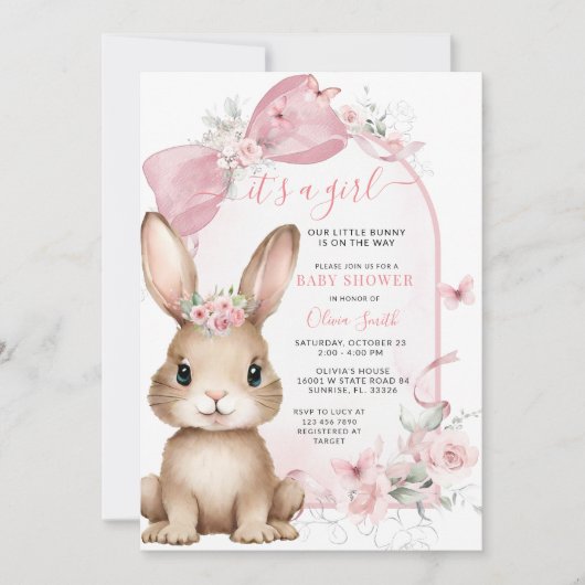 It’s a Girl Bunny Pink Bow Baby Shower Invitation Kaart (Voorkant)