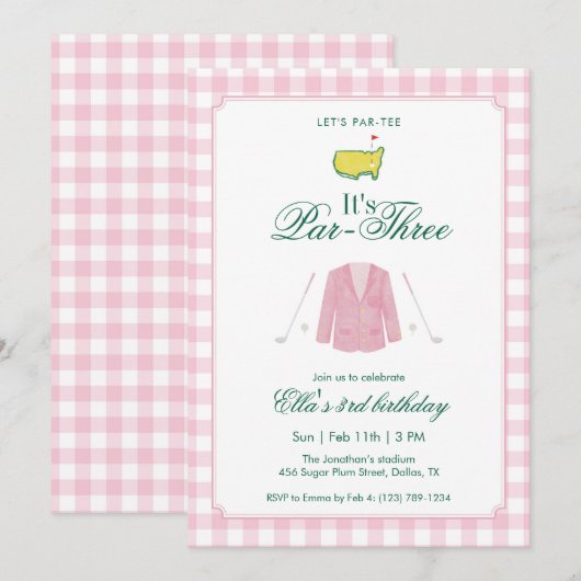 It’s A Par-Three Golf 3rd Birthday Pink Gingham Kaart (Voorkant / Achterkant)