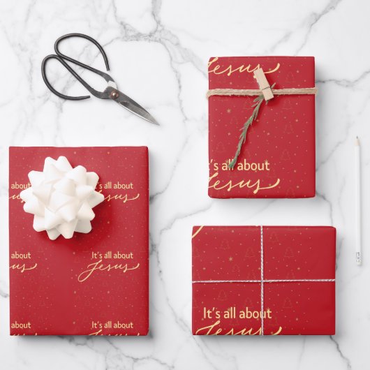 It’s All About Jesus – Red & Gold Christmas Inpakpapier Vel (Voorkant)