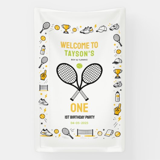 It’s Game Time Tennis 1st Birthday – Fun Kids  Spandoek (Verticaal)