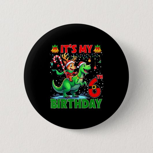 It’s My 6th Birthday Xmas Reindeer Riding Dinosaur Ronde Button 5,7 Cm (Voorkant)