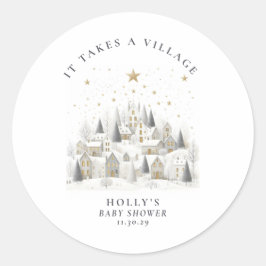It Takes a Village Snowy Whimsical Baby Shower  Ronde Sticker