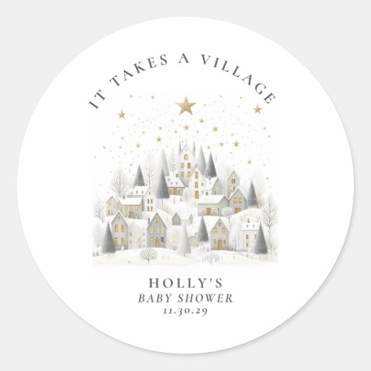 It Takes a Village Snowy Whimsical Baby Shower  Ronde Sticker (Voorkant)