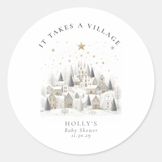 It Takes a Village Snowy Whimsical Baby Shower Ronde Sticker (Voorkant)