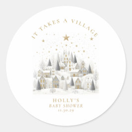 It Takes a Village Snowy Whimsical Baby Shower  Ronde Sticker