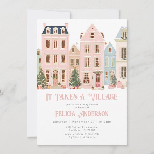 It takes a village Winter Pink Baby Gir Shower Kaart (Voorkant)