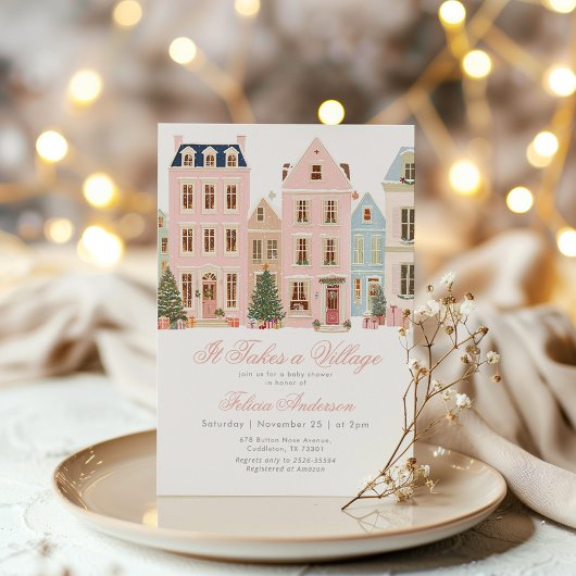 It takes a village Winter Pink Baby Gir Shower Kaart
