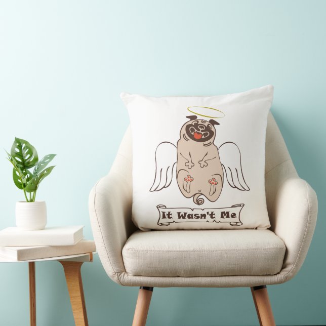 It Wasn't Me angel pug funny quote Kussen (Stoel)