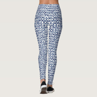 Itajime Shibori Blue Check Textile Geometric Weave Leggings