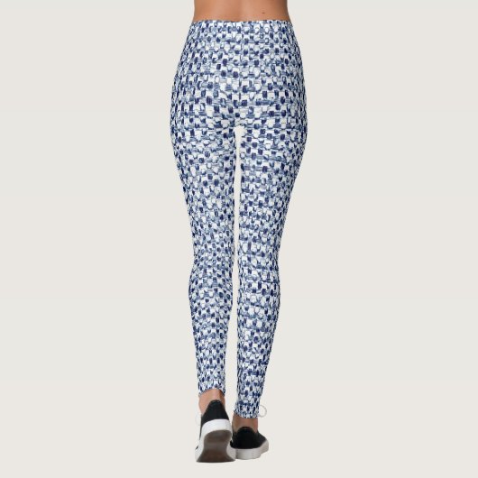 Itajime Shibori Blue Check Textile Geometric Weave Leggings (Achterkant)