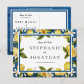 Italia Blauw Aquarel Citroen Save-the-Date Ansicht Uitnodiging Briefkaart (Voorkant / Achterkant)