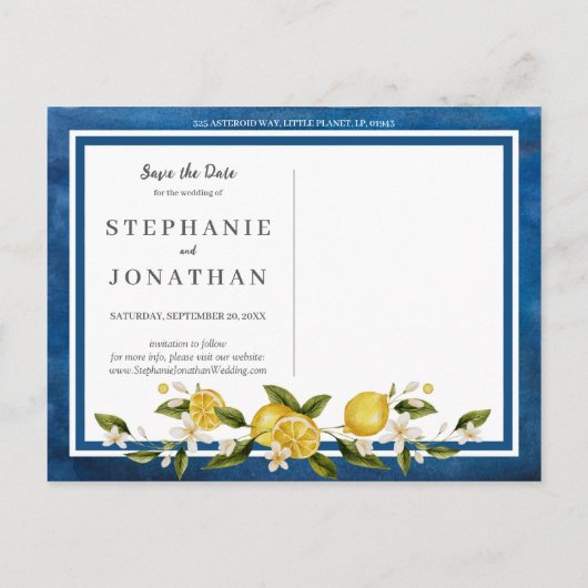 Italia Blauw Aquarel Citroen Save-the-Date Ansicht Uitnodiging Briefkaart (Achterkant)