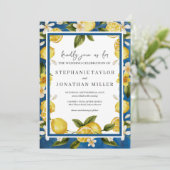 Italia Blauwe Waterverf Citroen bruiloft uitnodigi Kaart (Staand voorkant)