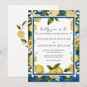 Italia Blauwe Waterverf Citroen bruiloft uitnodigi Kaart (Voorkant / Achterkant)