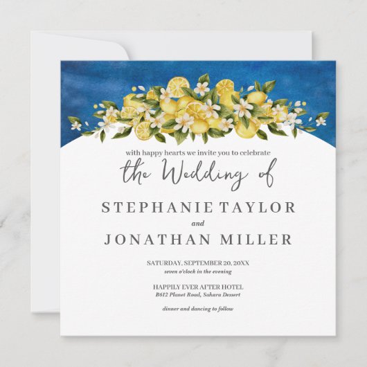 Italia Blauwe Waterverf Citroen Vierkant Bruiloft Kaart (Voorkant)