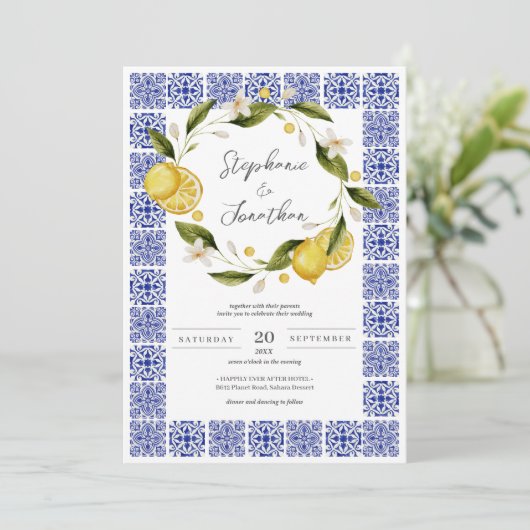 Italia Blauwe Waterverf Lemon Kalligrafie Bruiloft Kaart (Staand voorkant)