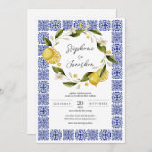 Italia Blauwe Waterverf Lemon Kalligrafie Bruiloft Kaart (Voorkant / Achterkant)