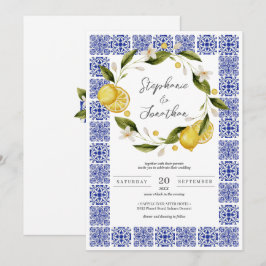 Italia Blauwe Waterverf Lemon Kalligrafie Bruiloft Kaart