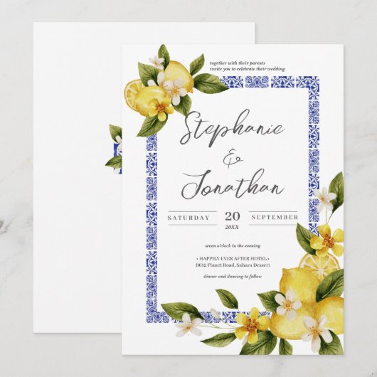 Italia Blauwe Waterverf Lemon Kalligrafie Bruiloft Kaart (Voorkant / Achterkant)