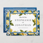 Italia Blauwe Waterverf Lemon SavetheDate Briefkaa Briefkaart (Voorkant / Achterkant)