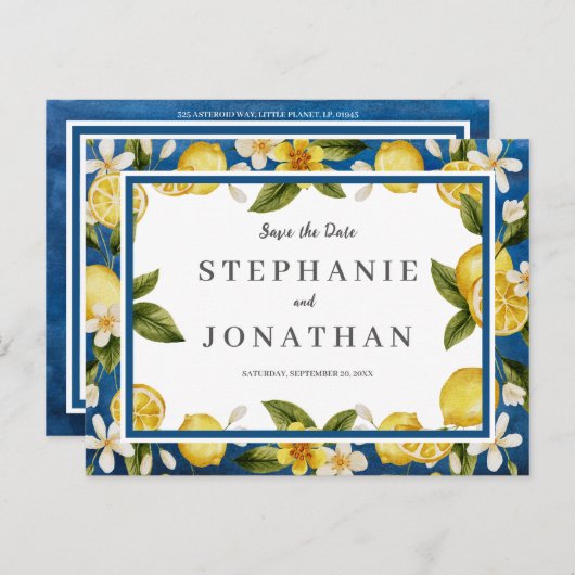Italia Blauwe Waterverf Lemon SavetheDate Briefkaa Briefkaart (Voorkant / Achterkant)