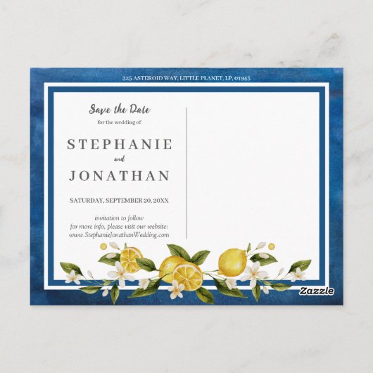 Italia Blauwe Waterverf Lemon SavetheDate Briefkaa Briefkaart (Achterkant)