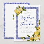 Italia Blue Waterverf Citroen Save the Date Kaart (Voorkant / Achterkant)