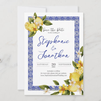 Italia Blue Waterverf Citroen Save the Date Kaart