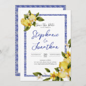 Italia Blue Waterverf Citroen Save the Date Kaart (Voorkant / Achterkant)