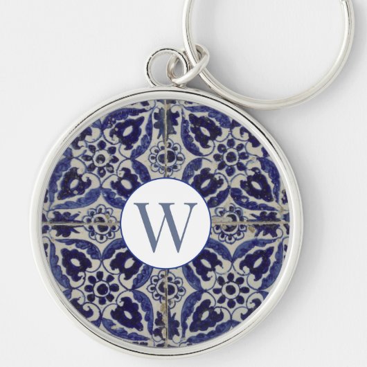 Italiaans Azulejo Blue White Geometric Monogrammed Sleutelhanger (Voorkant)