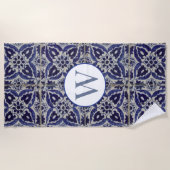 Italiaans Azulejo Blue White Geometric Monogrammed Strandlaken (Voorkant)