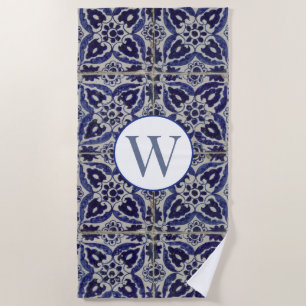 Italiaans Azulejo Blue White Geometric Monogrammed Strandlaken