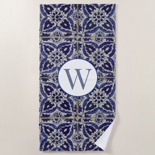 Italiaans Azulejo Blue White Geometric Monogrammed Strandlaken (Voorkant)