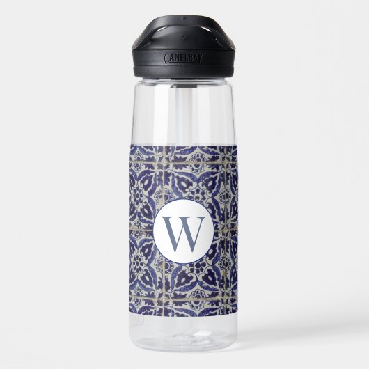 Italiaans Azulejo Blue White Geometric Monogrammed Waterfles (Achterkant)