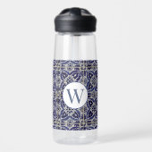 Italiaans Azulejo Blue White Geometric Monogrammed Waterfles (Voorkant)