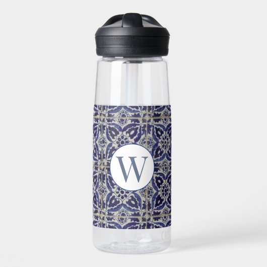 Italiaans Azulejo Blue White Geometric Monogrammed Waterfles (Voorkant)