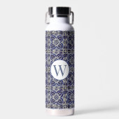 Italiaans Azulejo Blue White Geometric Monogrammed Waterfles (Voorkant)